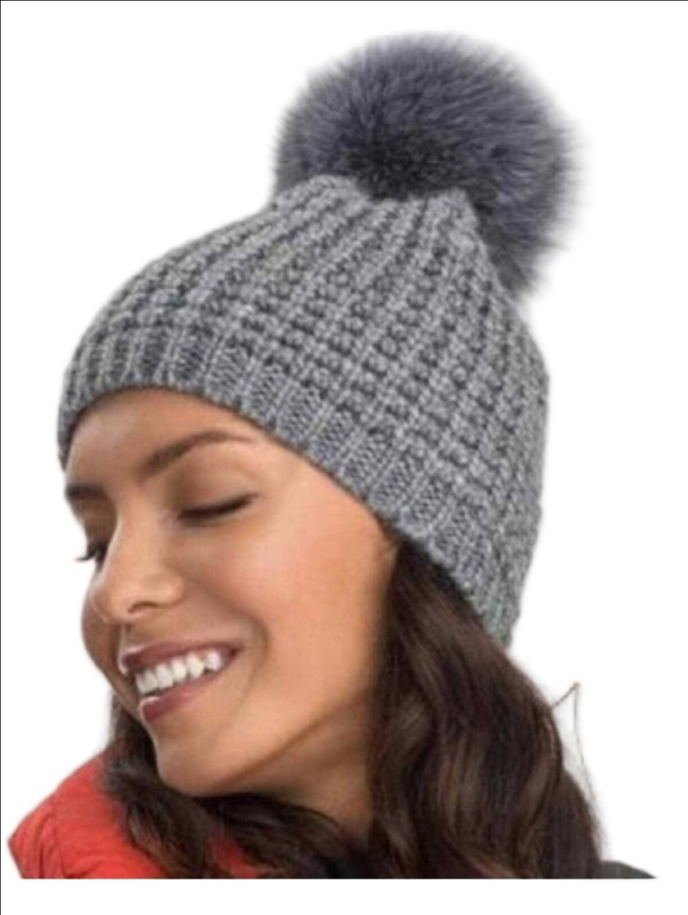 🆕 KYI KYI CANADA CLASSIC FAUX FOX FUR POM POM GRAY WOOL KNIT BEANIE HAT